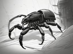 drawing of a scorpion in a science fiction setting  minimal rough sketch scribbles,doodles,black and white