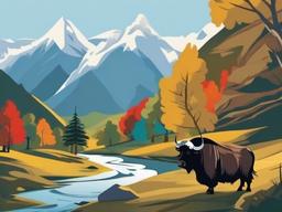 Yak Cartoon - Cartoon of yak in mountainous landscape  