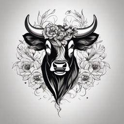 Bull with floral details ink. Blooms of resilience in art.  minimalist black white tattoo style