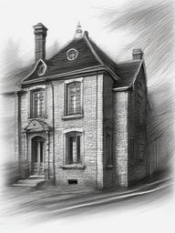 drawing of an old brick house in pencil  minimal rough sketch scribbles,doodles,black and white