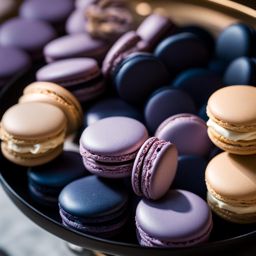 blueberry and lavender macarons, delicate french pastries, savored at an art gallery opening. 