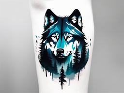 wolf tattoo with forest  simple color tattoo,white background