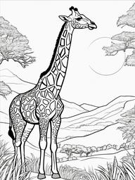 Giraffe Coloring Pages - Giraffe standing on a cliff overlooking the sunset  simple coloring pages