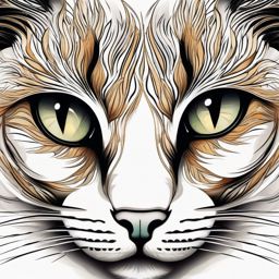 Enigmatic cat eyes, a close-up view of feline eyes with mysterious patterns, capturing the depth of a cat's gaze.  colored tattoo style, minimalist, white background