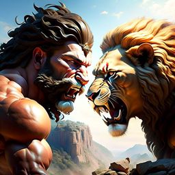 heracles vs the nemean lion - the mighty heracles faces the invulnerable nemean lion in a sun-drenched valley, grappling with its powerful jaws. 