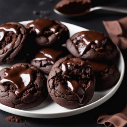 a plate of warm, gooey chocolate lava cookies, with a molten chocolate center. 