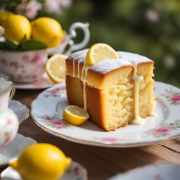 lemon drizzle cake served at a tea party in a charming english cottage. 