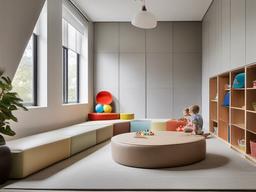 The playroom embodies Bauhaus interior design with modular seating, clean lines, and a thoughtful layout that provides a stylish space for children's activities.  