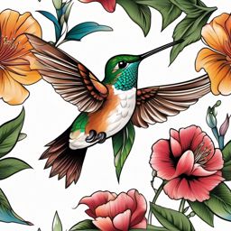 Hummingbird Tattoo - Hummingbird hovering near a blooming flower  color tattoo design, clean white background