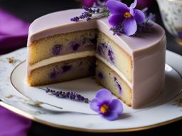 lavender earl grey cake with edible flowers, indulged at a high tea ceremony. 