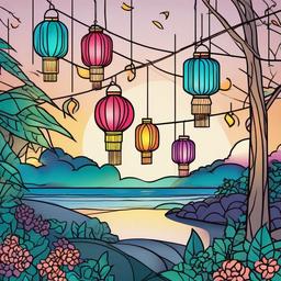 Colorful lanterns hanging in a summer evening  simple coloring pages