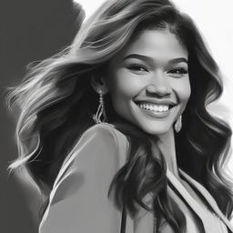 drawing of Zendaya smiling under the spotlight  minimal rough sketch scribbles,doodles,black and white