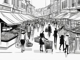 drawing of people shopping at a market  minimal rough sketch scribbles,doodles,black and white