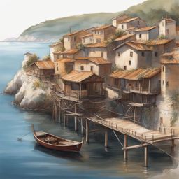 trabocchi coast wonders - sketch the wonders of the trabocchi coast, featuring traditional wooden fishing platforms and rugged coastline. 