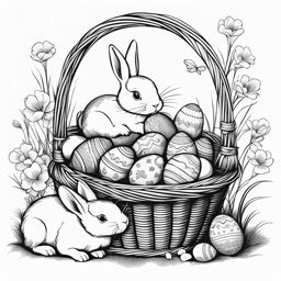 easter clipart black and white in an easter basket - with playful eggs and bunnies. 