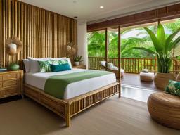 Tropical master bedroom includes bamboo furniture, bright bedding, and lush greenery that bring a refreshing feel to the space.  