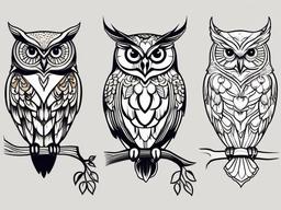 Owl Branch Tattoo - Showcase the natural charm of owls with a tattoo featuring a tree branch.  simple color tattoo,vector style,white background