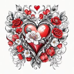 Flower heart tattoo, Heart intertwined with blossoming flowers, symbolizing the blooming beauty of love. , tattoo color art, clean white background