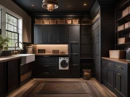 Steampunk laundry room features vintage-inspired fixtures, dark colors, and creative decor that create a unique and imaginative space for laundry.  