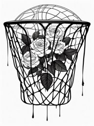 Basketball net with roses ink. Beauty in competition.  black white tattoo style, minimalist design,white background