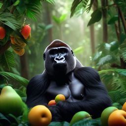 Cute Gorilla Enjoying Fruits in a Lush African Forest 8k, cinematic, vivid colors