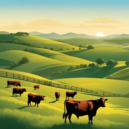 cattle clipart,grazing on rolling hills under a clear sky 