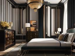 Art Deco bedroom includes bold patterns, luxurious fabrics, and streamlined furniture for a touch of glamour and sophistication.  