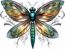 Dragon fly tattoo, Artistic tattoos featuring dragonflies, known for their delicate beauty.  color, tattoo style pattern, clean white background