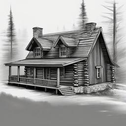 drawing of a log cabin house  minimal rough sketch scribbles,doodles,black and white