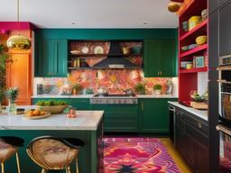 Maximalist kitchen showcases vibrant colors, bold patterns, and eclectic decor, making it a lively and dynamic environment for culinary adventures.  