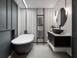 A small bathroom designed with Bauhaus interior design highlights streamlined fixtures, monochromatic tiles, and a functional layout that elevates the space into a chic and practical retreat.  