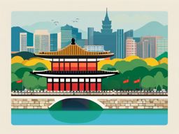 Seoul clipart - Gyeongbokgung Palace and Seoul skyline,  color vector clipart