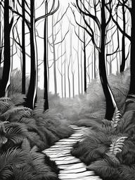 Horror Coloring Pages - Dark forest trail with spooky faces in the trees  simple coloring pages