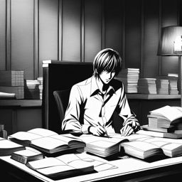 light yagami strategizes and writes names in the death note in a shadowy room. 