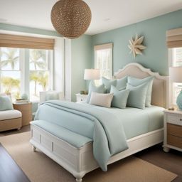 coastal bedroom with a beach-inspired color scheme and seashell accents. 