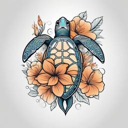 Sea Turtle and Flower Tattoo - Add a touch of nature's beauty with a sea turtle and flower tattoo, combining marine symbolism with floral elegance.  simple color tattoo,minimal vector art,white background