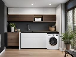 Modern laundry room features sleek cabinetry, a large countertop for folding, and efficient appliances that create a clean and functional space.  