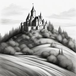 drawing of a castle on a hill  minimal rough sketch scribbles,doodles,black and white