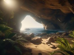 On a remote island, treasure hunter stumbles upon a cave filled with relics from an ancient, advanced civilization.  8k, hyper realistic, cinematic