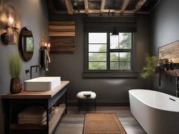 A small bathroom designed with Post-Apocalyptic interior design highlights utilitarian elements, earthy textures, and a blend of reclaimed materials that make the space feel unique and full of character.  