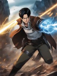 levi ackerman executes lightning-fast maneuvers as a titan slayer amid a city in ruins. 