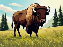 Bison Cartoon - Cartoon of bison grazing in meadow  