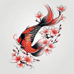 Koi with Cherry Blossom Tattoo - A symbolic and harmonious blend of koi fish and cherry blossoms in traditional Japanese tattoo art.  simple color tattoo,white background,minimal