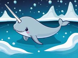 Narwhal Cartoon - Cartoon of narwhal swimming in icy water  