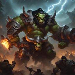 grommash skullcrusher, an orc barbarian, is battling a colossal creature in a thunderstorm. 