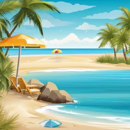 Beach Clipart, Sandy shores and sparkling blue waters. 