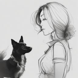 drawing of a character with a pet  minimal rough sketch scribbles,doodles,black and white