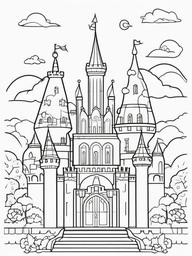 Kawaii Castle Coloring Pages - Colorful Castle with Adorable Characters  minimal black outline printable sheet, coloring page