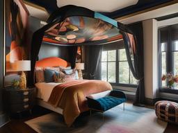 The master bedroom embraces surrealist interior design with a dreamy canopy, eclectic artwork, and whimsical textiles that create an enchanting haven for sleep.  