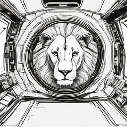 drawing of a lion in space station  minimal rough sketch scribbles,doodles,black and white